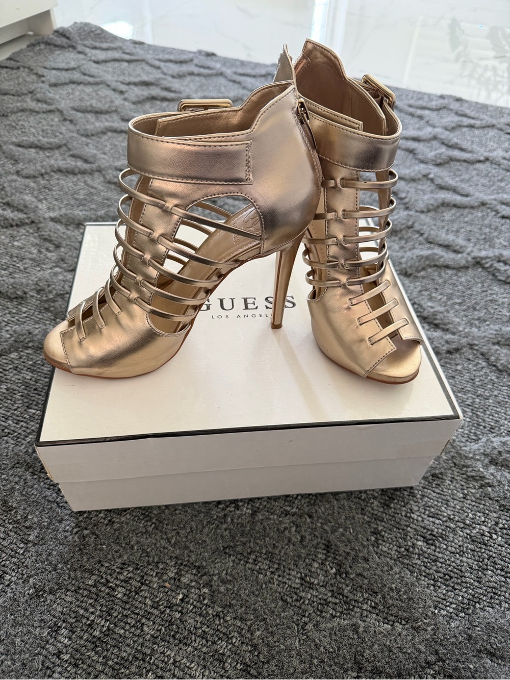 GUESS Metallic Gold Cage Strappy Stiletto Heels